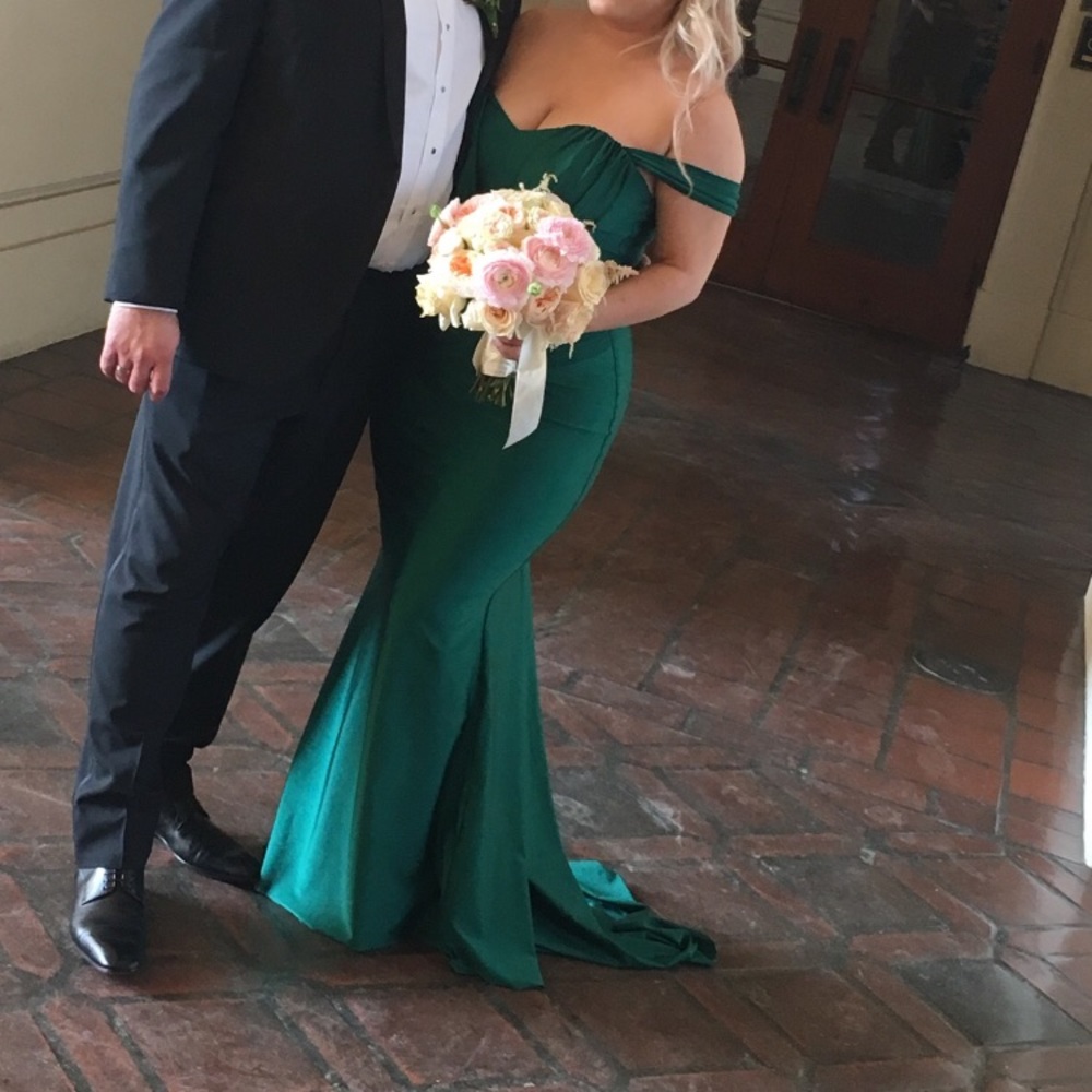Emerald green off the shoulder evening gown